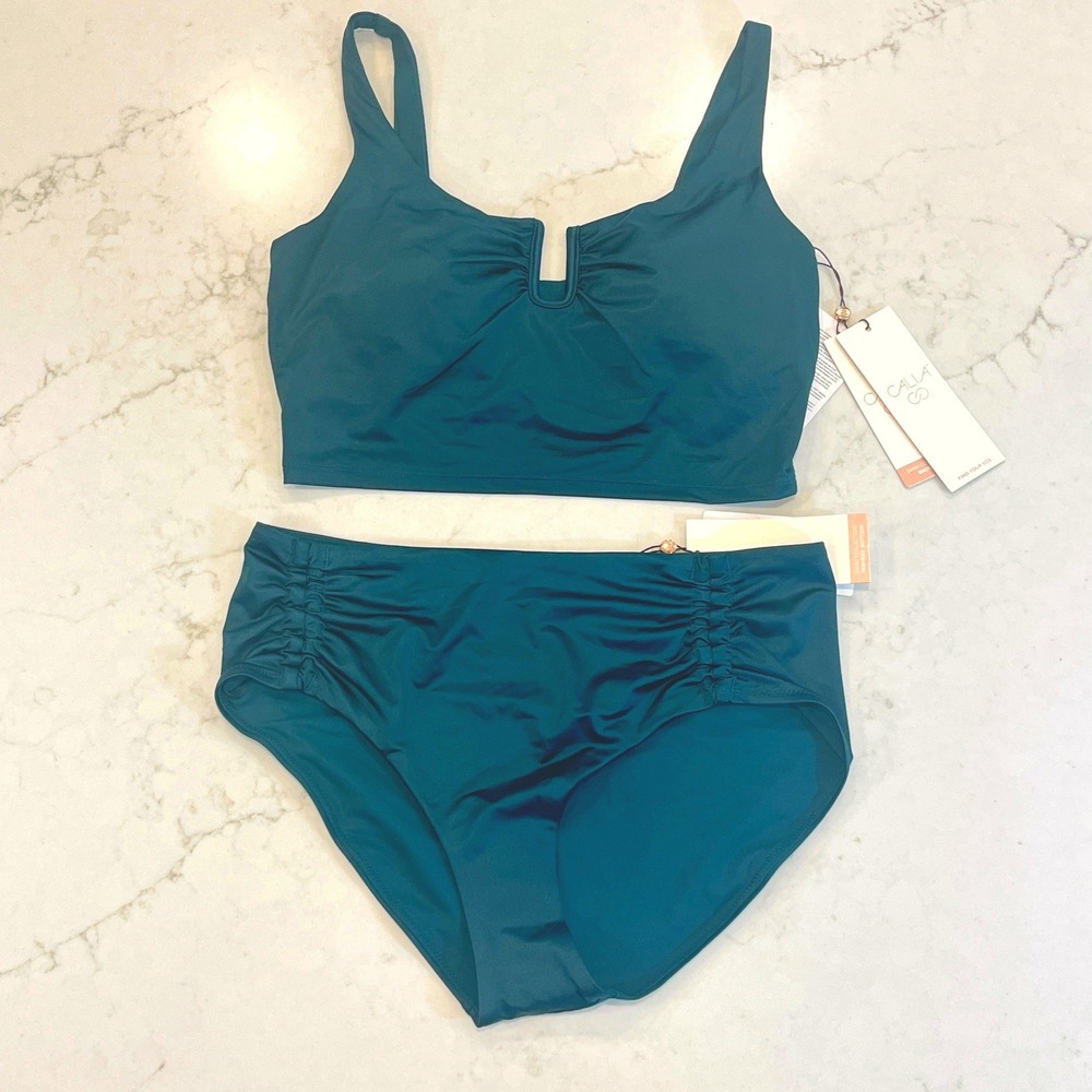 CALIA Bikini Set Womens Small Sea Green Shine Nylon U-Bar Top Ruched Bottoms